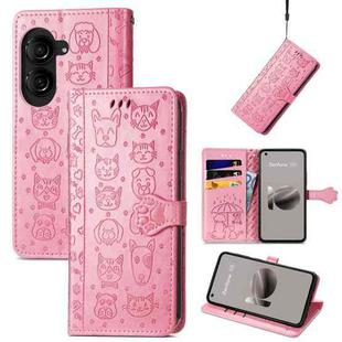 For ASUS Zenfone 10 Cat and Dog Embossed Leather Phone Case(Pink)