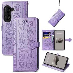 For ASUS Zenfone 10 Cat and Dog Embossed Leather Phone Case(Purple)