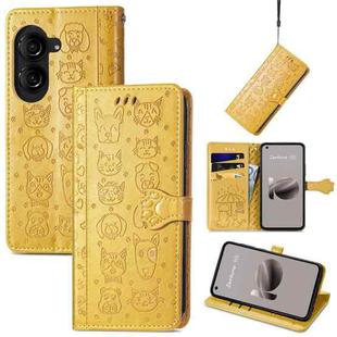 For ASUS Zenfone 10 Cat and Dog Embossed Leather Phone Case(Yellow)