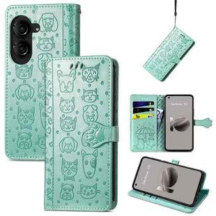 For ASUS Zenfone 10 Cat and Dog Embossed Leather Phone Case(Green)