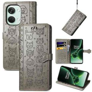 For OnePlus Nord 3 Cat and Dog Embossed Leather Phone Case(Grey)