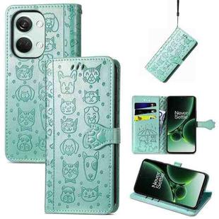 For OnePlus Nord 3 Cat and Dog Embossed Leather Phone Case(Green)