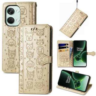 For OnePlus Nord 3 Cat and Dog Embossed Leather Phone Case(Gold)