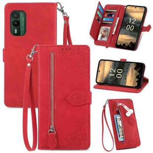 For Nokia XR21 Embossed Flower Zipper Leather Phone Case(Red)