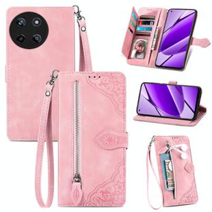For Realme 11 4G Global Embossed Flower Zipper Leather Phone Case(Pink)