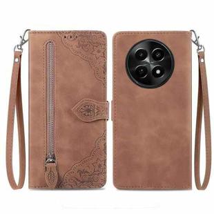 For Realme 12 Embossed Flower Zipper Leather Phone Case(Brown)