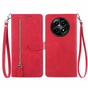 For Realme 12 Embossed Flower Zipper Leather Phone Case(Red)