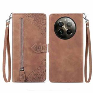 For Realme 12 Pro+ Embossed Flower Zipper Leather Phone Case(Brown)