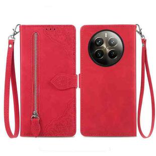 For Realme 12 Pro+ Embossed Flower Zipper Leather Phone Case(Red)