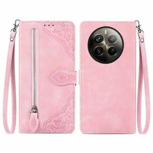 For Realme 12 Pro+ Embossed Flower Zipper Leather Phone Case(Pink)