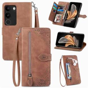 For vivo V29 5G Embossed Flower Zipper Leather Phone Case(Brown)