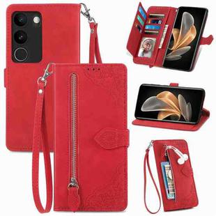 For vivo V29 5G Embossed Flower Zipper Leather Phone Case(Red)