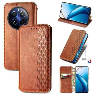 For Realme 12 Pro Cubic Grid Pressed Magnetic Leather Phone Case(Brown)