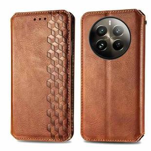 For  Realme 12+ Cubic Grid Pressed Magnetic Leather Phone Case(Brown)