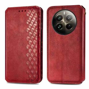 For  Realme 12+ Cubic Grid Pressed Magnetic Leather Phone Case(Red)