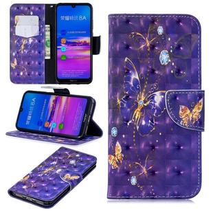 3D Colored Drawing Pattern Horizontal Flip Leather Case for Huawei Honor 8A, with Holder & Card Slots & Wallet(Purple Butterfly)