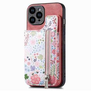 For iPhone 15 Pro Retro Painted Zipper Wallet Back Phone Case(pink)