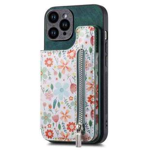 For iPhone 15 Pro Retro Painted Zipper Wallet Back Phone Case(Green)