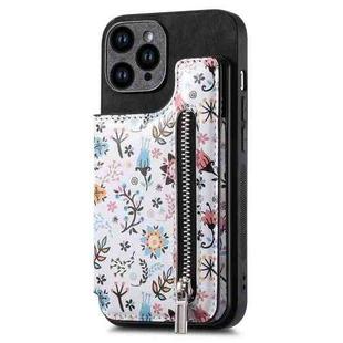 For iPhone 15 Pro Retro Painted Zipper Wallet Back Phone Case(Black)