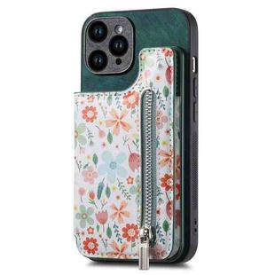 For iPhone 14 Pro Max Retro Painted Zipper Wallet Back Phone Case(Green)