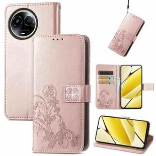 For Realme 11 5G Global Four-leaf Clasp Embossed Buckle Leather Phone Case(Rose Gold)