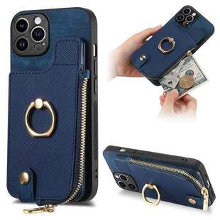 For iPhone 15 Pro Max Cross Leather Ring Vertical Zipper Wallet Back Phone Case(Blue)