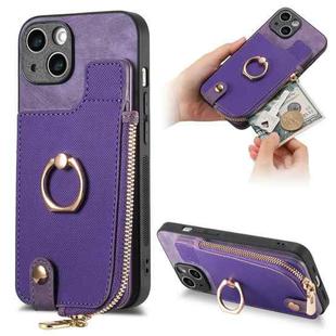 For iPhone 15 Cross Leather Ring Vertical Zipper Wallet Back Phone Case(Purple)