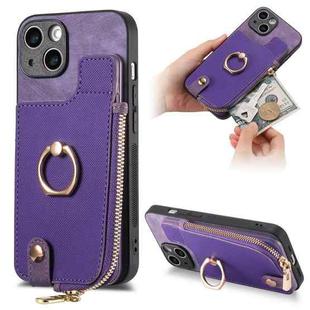 For iPhone 14 Plus Cross Leather Ring Vertical Zipper Wallet Back Phone Case(Purple)