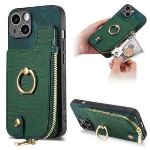 For iPhone 14 Plus Cross Leather Ring Vertical Zipper Wallet Back Phone Case(Green)