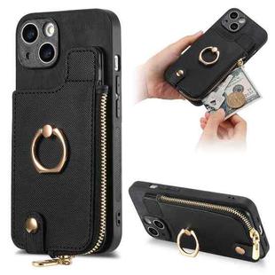 For iPhone 14 Cross Leather Ring Vertical Zipper Wallet Back Phone Case(Black)