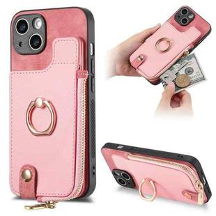 For iPhone 14 Cross Leather Ring Vertical Zipper Wallet Back Phone Case(Pink)