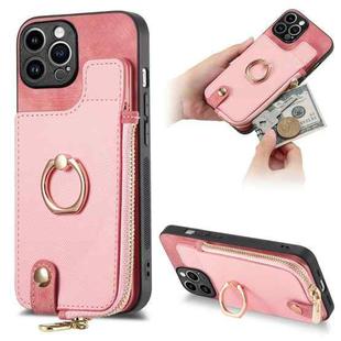 For iPhone 14 Pro Max Cross Leather Ring Vertical Zipper Wallet Back Phone Case(Pink)