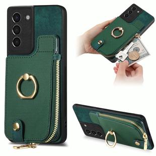 For Samsung Galaxy S21 5G Cross Leather Ring Vertical Zipper Wallet Back Phone Case(Green)