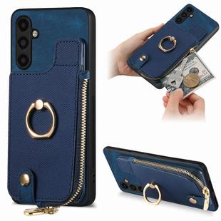 For Samsung Galaxy A04s Cross Leather Ring Vertical Zipper Wallet Back Phone Case(Blue)