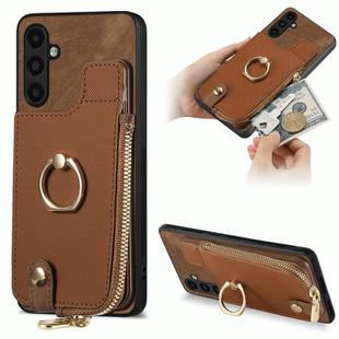 For Samsung Galaxy A13 5G Cross Leather Ring Vertical Zipper Wallet Back Phone Case(Brown)