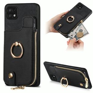 For Samsung Galaxy A22 5G Cross Leather Ring Vertical Zipper Wallet Back Phone Case(Black)