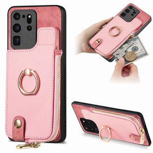 For Samsung Galaxy S20 Ultra Cross Leather Ring Vertical Zipper Wallet Back Phone Case(Pink)