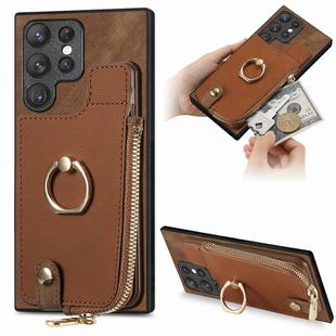 For Samsung Galaxy S22 Ultra 5G Cross Leather Ring Vertical Zipper Wallet Back Phone Case(Brown)