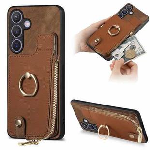 For Samsung Galaxy S24 5G Cross Leather Ring Vertical Zipper Wallet Back Phone Case(Brown)