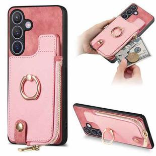 For Samsung Galaxy S24+ 5G Cross Leather Ring Vertical Zipper Wallet Back Phone Case(Pink)