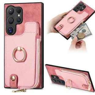 For Samsung Galaxy S24 Ultra 5G Cross Leather Ring Vertical Zipper Wallet Back Phone Case(Pink)