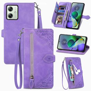 For Motorola Moto  G54 5G Embossed Flower Zipper Leather Phone Case(Purple)