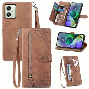 For Motorola Moto  G54 5G Embossed Flower Zipper Leather Phone Case(Brown)