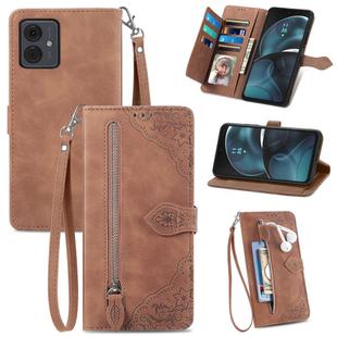 For  Motorola Moto  G14 Embossed Flower Zipper Leather Phone Case(Brown)