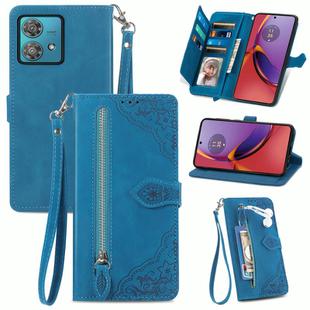 For Motorola Moto G84 Embossed Flower Zipper Leather Phone Case(Blue)