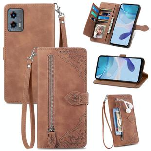 For Motorola Moto G 5G 2023 Embossed Flower Zipper Leather Phone Case(Brown)