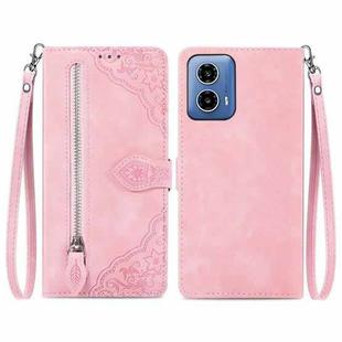 For Motorola Moto G34  5G Embossed Flower Zipper Leather Phone Case(Pink)