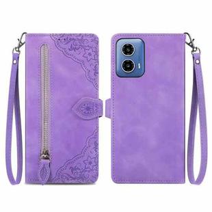 For Motorola Moto G34  5G Embossed Flower Zipper Leather Phone Case(Purple)