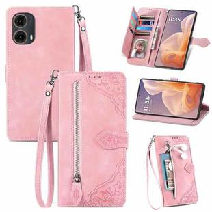 For Motorola Moto G 85 Embossed Flower Zipper Leather Phone Case(Pink)