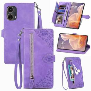 For Motorola Moto G 85 Embossed Flower Zipper Leather Phone Case(Purple)